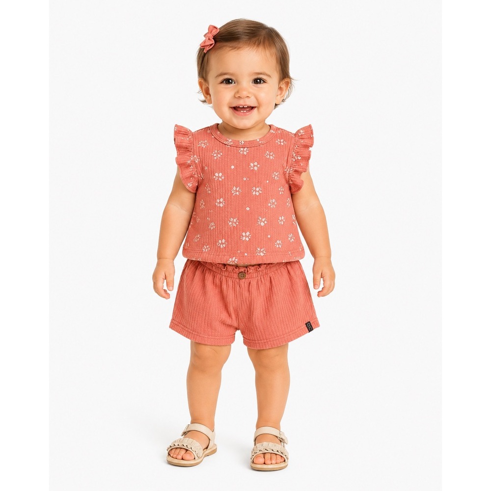 Modern Moments Gerber Shorts Set Toddler 18M 3T Pink Floral Ribbed Ruffle Outfit